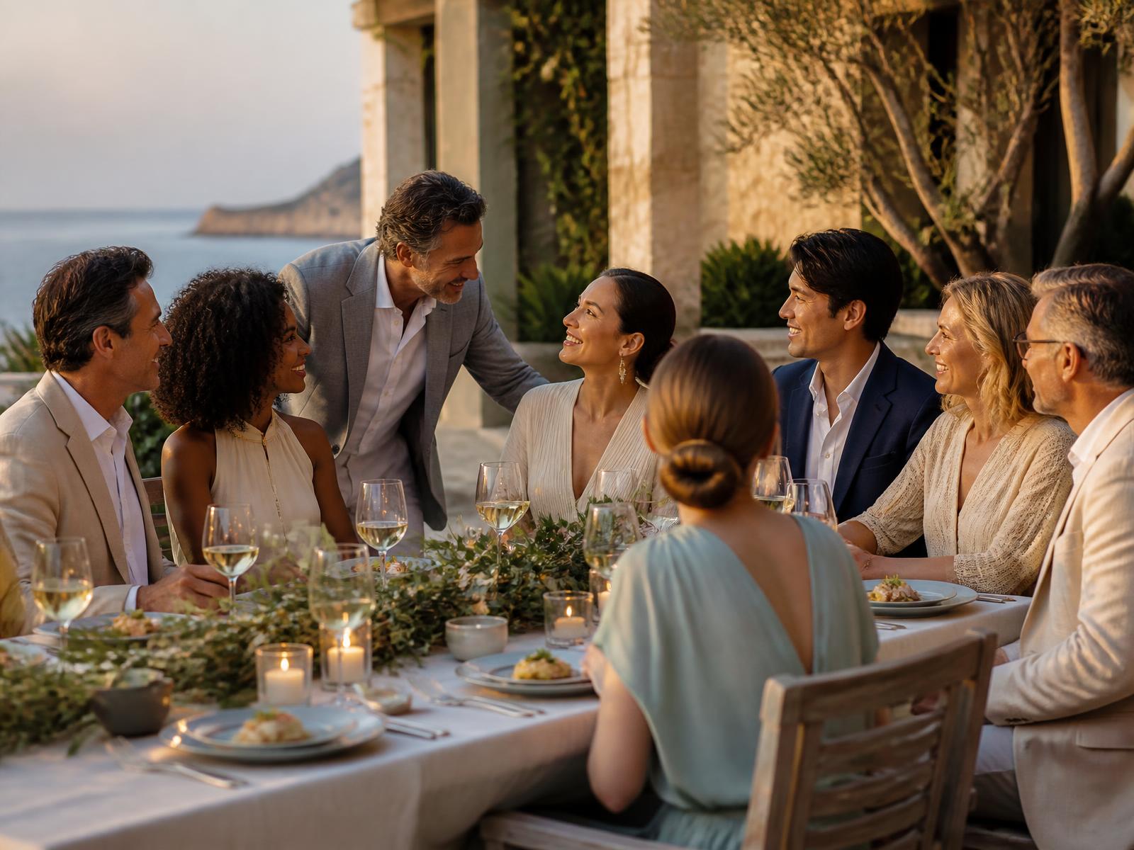 Friends sharing dinner on a Gulf-front terrace