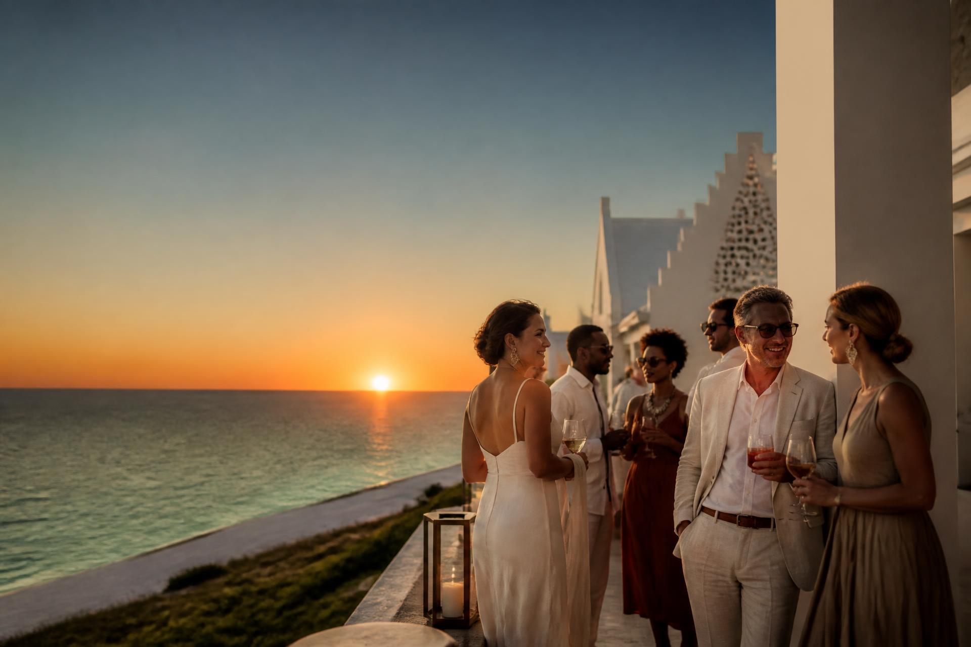 Friends gathering on a terrace at sunset